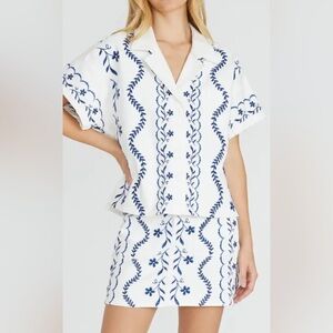 DRIFTWOOD White with Blue Embroidered Denim Top